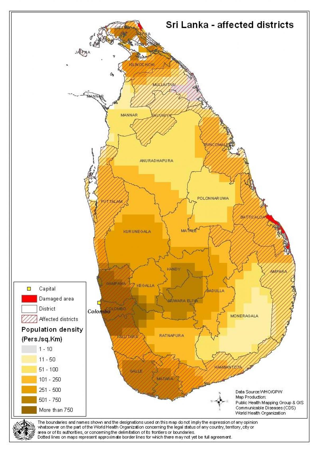 ನಕ್ಷೆ ಶ್ರೀಲಂಕಾದ ಜನಸಂಖ್ಯೆಯ ಸಾಂದ್ರತೆ