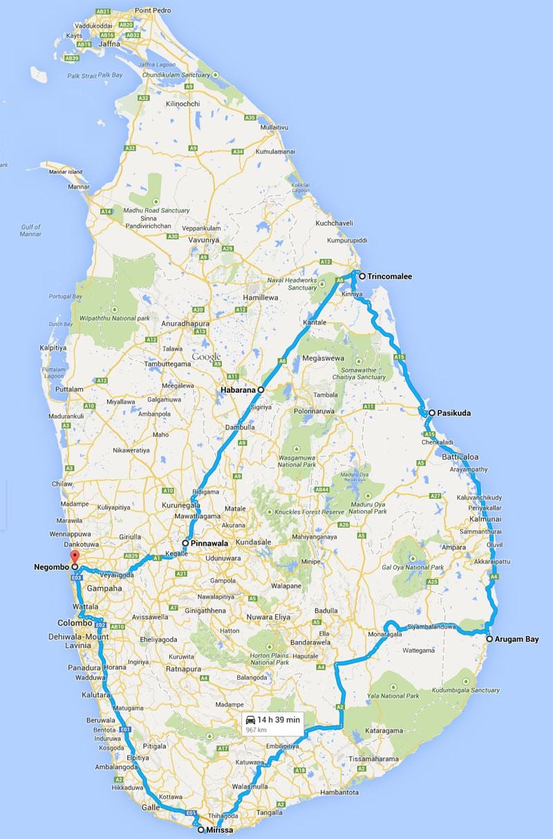 ಶ್ರೀಲಂಕಾ ಅತ್ಯುತ್ತಮ ಕಡಲತೀರಗಳು ನಕ್ಷೆ