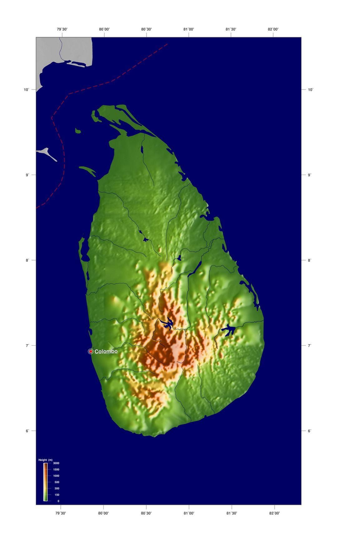 ನಕ್ಷೆ ಶ್ರೀಲಂಕಾ ಎತ್ತರದ