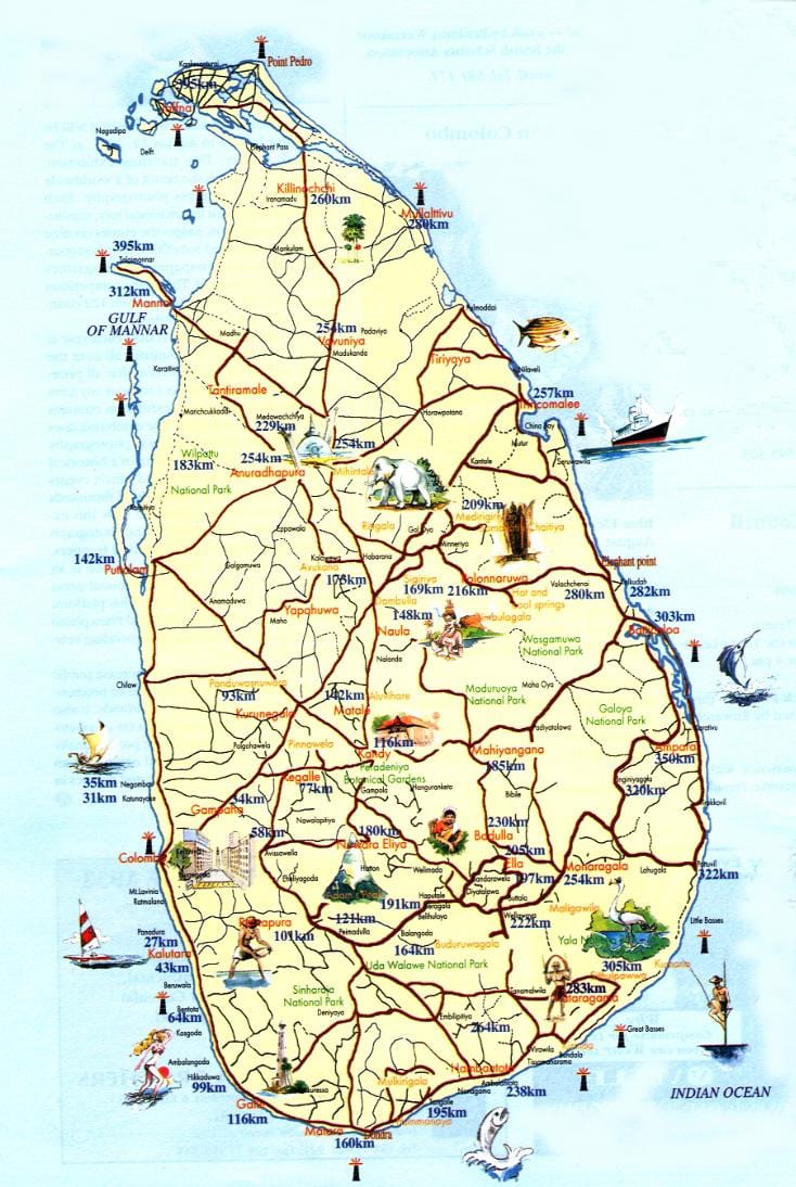 ಶ್ರೀಲಂಕಾ ಭೇಟಿ ಸ್ಥಳಗಳ ನಕ್ಷೆ